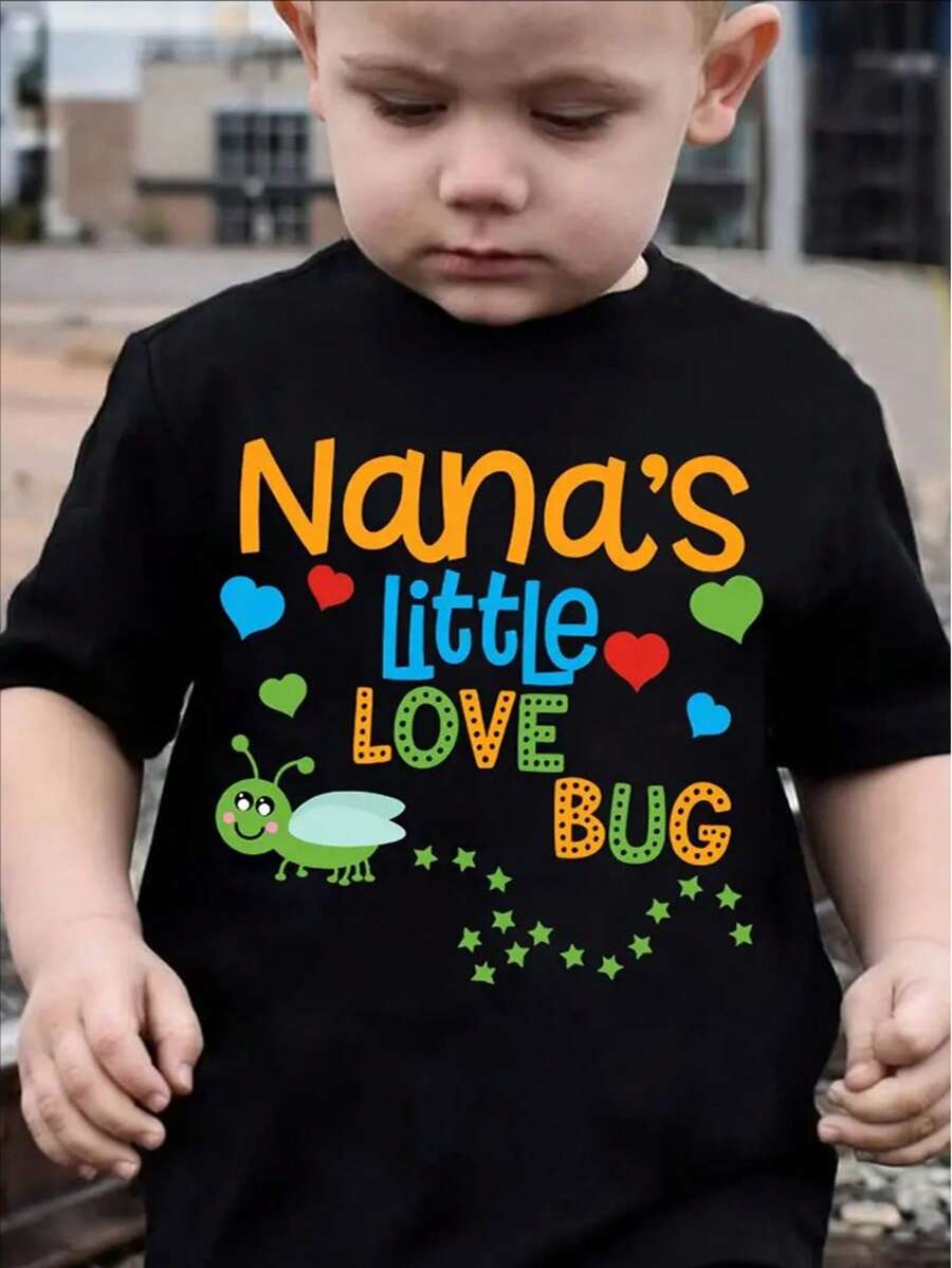 Boys Casual Comfy Summer Short Sleeve Crew Neck T-Shirt - NANA'S LITTLE LOVE BUG Print Summer Gift - 黑色 - 查看 1