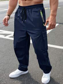 Herren Jogginghose mit Kordelzug, elastischem Bund und Reißverschlusstaschen, Outdoor Lässig gerade Beine Cargohose mit großen Taschen, NEON Highlight, Frühling Herbst