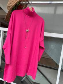 WOMEN'S HIGH NECK MODAL KNITTING PONCHO - 玫紅色 - 查看 3