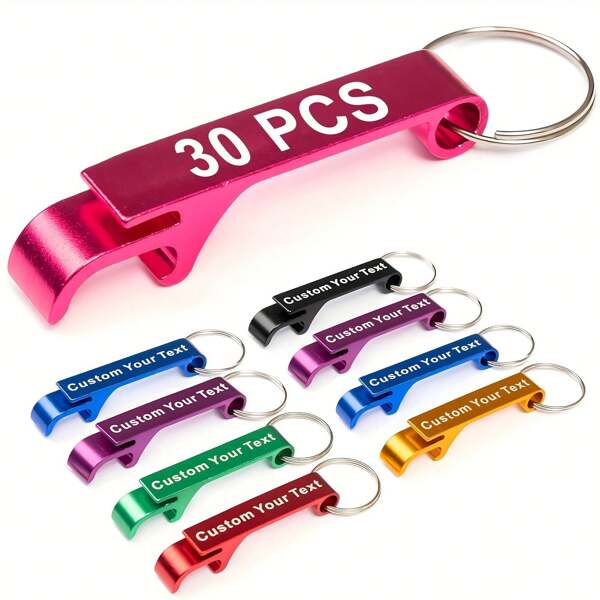 30 stuks gepersonaliseerde gegraveerde flesopener sleutelhangers - gepersonaliseerde metalen sleutelhanger, geschikt voor feesten, bruiloften en geschenken, multifunctioneel, decoratief, herbruikbaar, prachtig, stijlvol, hoge kwaliteit, kleurrijk, modern, op maat gemaakt, gepersonaliseerd, uniek