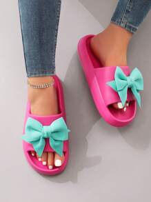 可爱蝴蝶结装饰拼色泡沫一脚蹬女士家居/沙滩拖鞋 - 玫紅色 - 查看 6
