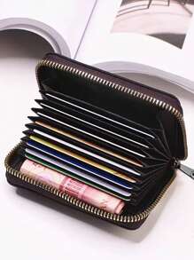 1pc Leather Zipper Storage Bag, Travel Portable Pack With Layered Design Suitable For Storing Cards, ID, Certificates, Cash, Etc.