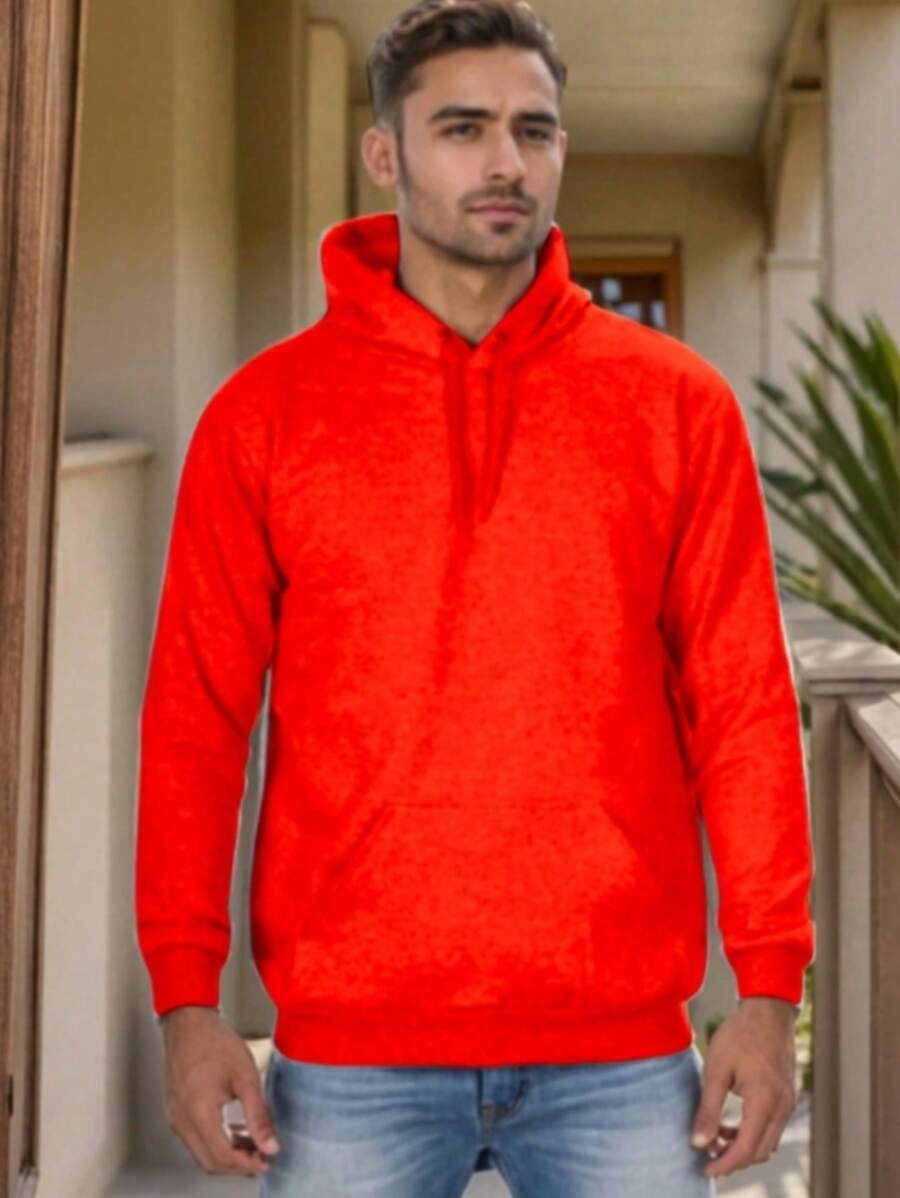 Men's Sweatshirts Plain Flannel Kangaroo Top Cold Hooded - Orange - View 1