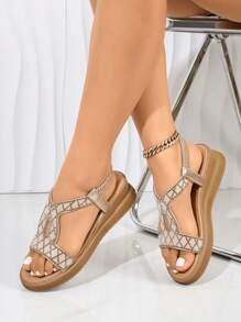 Women Fashion Rhinestone Thick Bottom Wedge Open Toe Sandals With Elastic T-Strap, Comfortable Slip On Design Suitable For Daily Commute, Vacation, Outdoor Gathering, Party And Leisure Occasions - Gold 2# - View 4