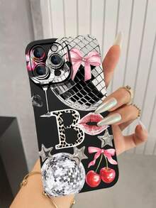 1 pieza Funda suave para teléfono con diseño de órbita luminosa con letra B minimalista, patrón de cereza y unicolor de ojos de ángel, compatible con iPhone 16/16Plus/16Pro/16ProMax