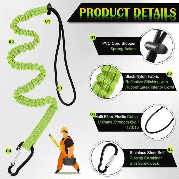 Grünes Anti-Drop-Werkzeug-Lanyard - Sichere & dehnbare Sicherheitsleine für Outdoor-Arbeit, Arbeiten in großer Höhe | Elastisches Band