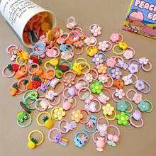 60-100pcs/Set Girls Cartoon Animal, Flower, Fruit Design Hair Bands, Hair Scrunchies, Korean Style Cute Mini Decorative Hair Accessories Set, Festival Gift Home Bathroom Decor Summer Back To School