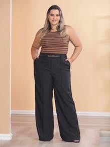 Plus Size Fashion Long Pants Without Belt And Pockets - Black - View 1