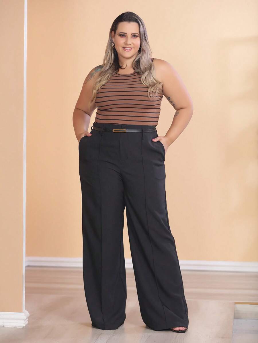Plus Size Fashion Long Pants Without Belt And Pockets - Black - View 1