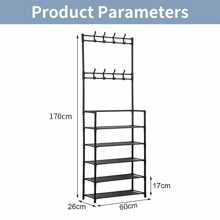 5 Tiers 8 Hooks Hat & Coat Hanger Stand Shoe Rack Metal Shelf Storage Organiser - Black - View 5