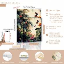 3 pièces/set Peinture de paysage de forêt tropicale imprimée sur canevas enveloppée sans cadre, set de décoration, style de peinture sur canevas moderne et déco art classique pour maison, bureau, salle de bain, salon, chambre, salle à manger - Paysage encré avec motifs de feuillage pour le printemps/été, utilisation intérieure et extérieure, thème art déco, affiches, décoration murale, accessoires de décoration moderne, botanique, animaux