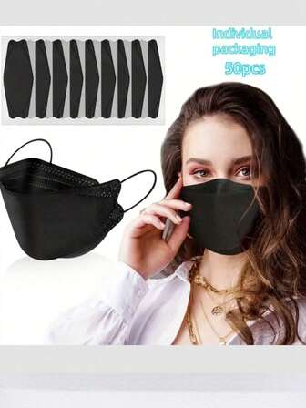50pcs KF94 Adult Face Masks, 4-Layer Black Disposable Mask, 95% Filtration Efficiency, 3D Fish Shape, Non-Medical, Reusable, Pull-Up Closure, Low Allergenicity Polypropylene Material, Industrial & Scientific Safety Equipment