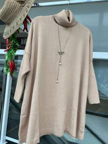 WOMEN'S HIGH NECK MODAL KNITTING PONCHO - 杏色 - 查看 1