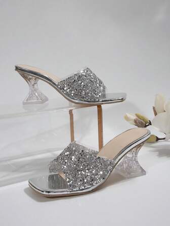 宽版女士夏季新款透明高跟拖鞋，时尚不对称鞋跟水晶鞋跟凉鞋，宽版凉鞋，宽版高跟鞋，宽版拖鞋，矮个子脚凉鞋，金色高跟鞋，适合晚会，派对，婚礼，时尚搭配