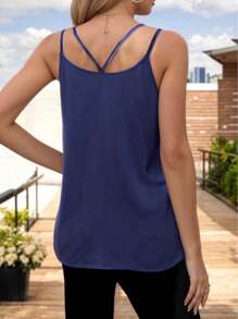 Women's Basic Blouse With Crossed Straps And V-Neckline - Navy Blue - View 2