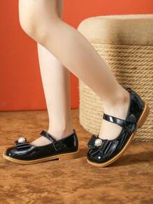 小女孩黑色平底鞋，人造珍珠儿童休闲鞋 - 黑色 - 查看 3