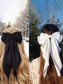 3 Piezas de Pinzas para el Cabello con Lazos para Mujeres, Lazo Negro, Lazo Blanco, Lazos Rosas, Pinzas para el Cabello con Lazos de Cinta de Satén con Cola Larga, Accesorios para el Cabello para Fiestas, Escuela