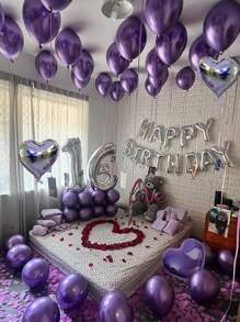 47pcs Purple Theme Silver Happy Birthday Garland Balloons, 16 Inch Foil Happy Birthday Balloon, Heart Foil Balloon, Silver & Purple Latex Balloons, Suitable For Ladies Birthday Party, Wedding Bride Shower, Birthday Decoration, Purple Lavender Theme, Photo Props, Anniversary - 彩色 - 查看 5