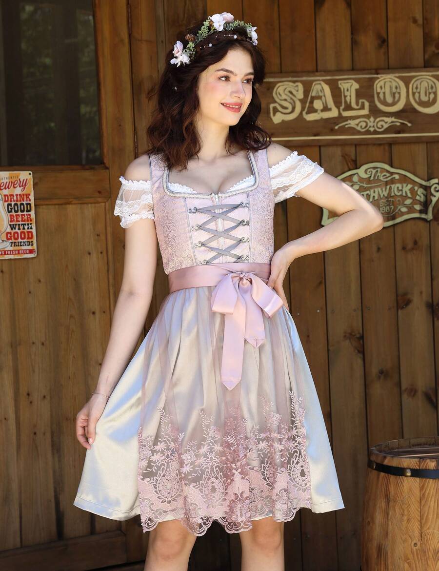 YesFashion Dirndl Damen 3-teilig - Trachtenkleid In Dunkelgrün Mit Bluse & Schürze