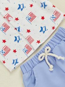 Toddler Baby Boy 4th Of July Outfit American Flag Print Button Down Turn Down Collar Short Sleeve Shirt And Shorts 2 Pcs Set - White - View 9
