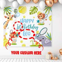 1pc Customizable Sports Party Background Banner, Boy's Birthday Welcome Banner, Tennis Jungle Theme Party Decor, Personalized Photo & Text Design Suitable For Family Gathering, Birthday Party