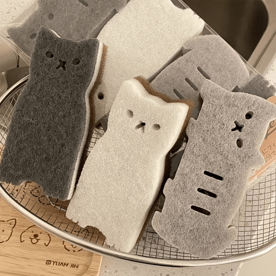 可爱猫咪海绵厨房套装 - 厚实耐用的洗碗清洁工具，配有金属衣架、锅、餐具和防刮洗碗泡沫，猫形多用途重型厨房擦洗海绵 - 2-4-6-8 件四色组合三层设计