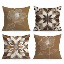 4pcs Brown Line Floral Print Set - Single-Sided Printed Throw Pillow Cover 45*45cm, Peach Velvet