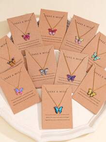 10-Pc Set Colorful Butterfly Pendant Necklaces With Cardboard Display, Gift For Women, Suitable For Vacation, Date, Mother's Day, Birthday, Friend's Day, Casual, Party Matching - Style 1 - View 1