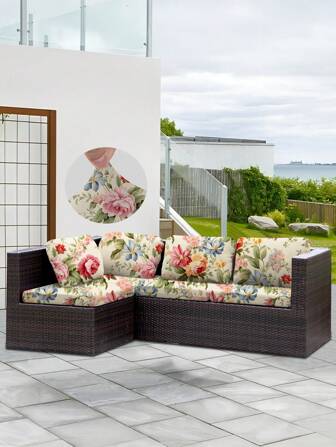 1pc Leaf Print Outdoor Sofa Cover, Stretch Polyester Removable Half Slip Sofa Cushion Cover, Patio, Porch, Garden Sofa Seat Protector