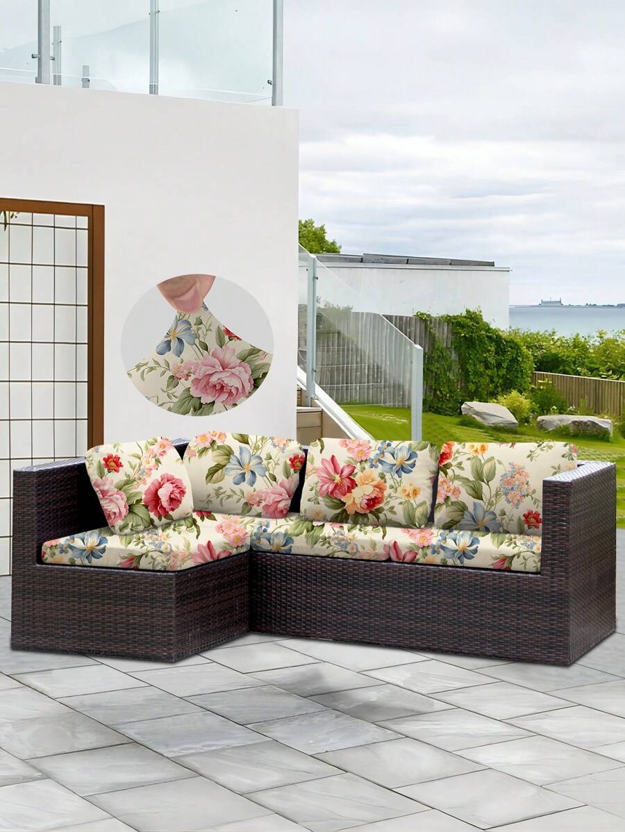 1pc Leaf Print Outdoor Sofa Cover, Stretch Polyester Removable Half Slip Sofa Cushion Cover, Patio, Porch, Garden Sofa Seat Protector - Multicolor - View 1