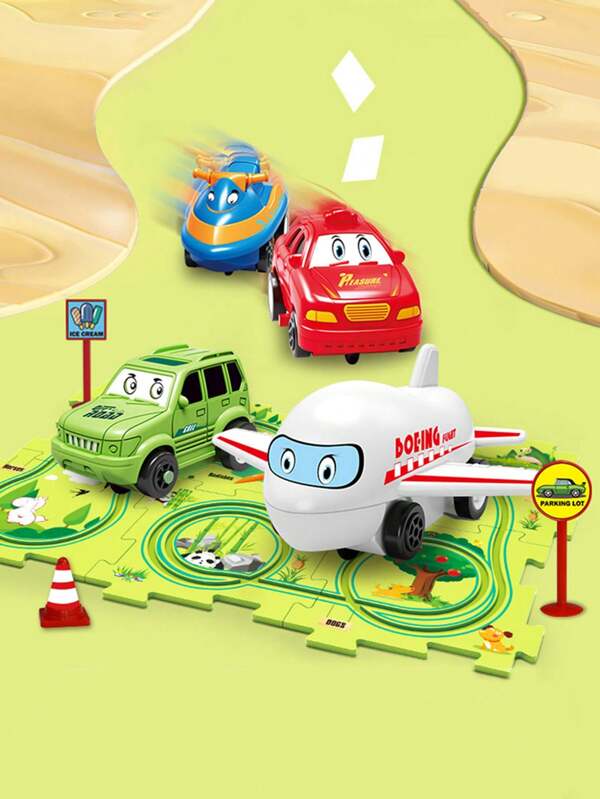 1 Set Kinder Zusammenbau-Schienenauto, Baby DIY Cartoon Puzzle Elektrisches Auto, freie Montage Szenenkonstruktion, denkfördernd Puzzle, Erleuchtung zum Geburtstag, Eltern-Kind interaktives Spielzeug für Jungen und Mädchen, Schulstart