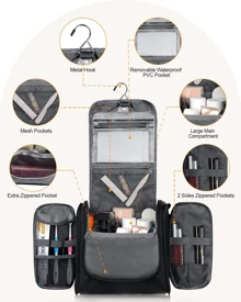 Travel Toiletry Bag - Polyester, Dual-Zipper Design With Hanging Hook