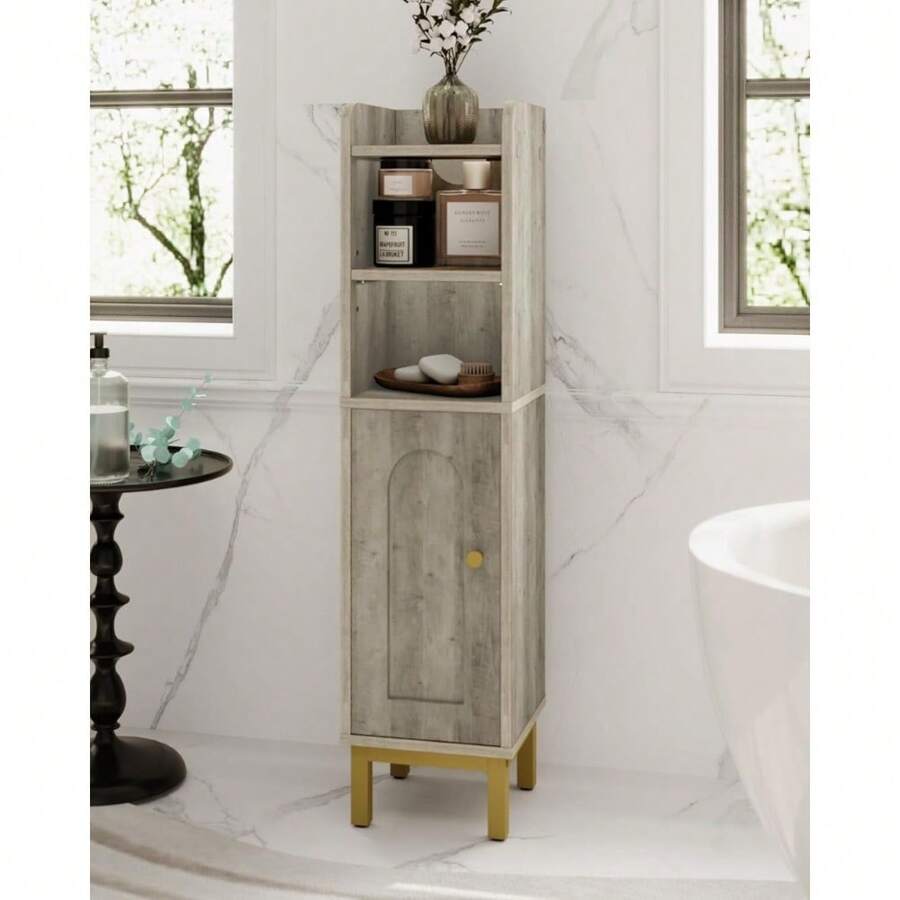 Bathroom Storage Cabinet, Small Corner Floor Cabinet With Door And Shelves, Narrow Toilet Paper Cabinet, Bathroom Organizer With Adjustable Shelf, For Small Spaces, White BC08203X - 質樸的灰褐色 - 查看 1