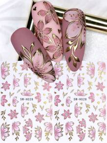 Gold Pink Hibiscus Flower 3D Nail Stickers 2pcs Gradient Cherry Blossom Floral Petals Lines DIY Bronzing Holographic Self-Adhesive Decals Sliders Nail Art Decoration Salon Manicure Nail Supplies