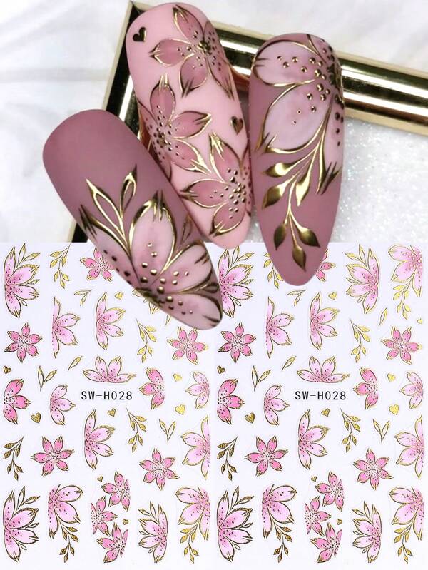 2 pièces stickers 3D d'or et de rose pour ongles à motif de fleur d'hibiscus, pétales de cerisier dégradé, lignes florales, autocollants adhésifs dorés et holographiques pour décoration d'ongles, fournitures de manucure de salon