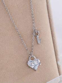 1pc Heart-Shaped Lock & Key Pendant Necklace, Cubic Zirconia Jewelry Gift For Girls, Birthday Party Jewelry Present For Friends Valentine's Day Accessories - Multicolor - View 3