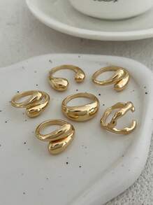 6pcs/Set Vintage Minimalist Alloy Molten Lava Teardrop Design Open Rings, Asymmetrical Fashionable Thick Metal Gold Tone Ring Set, Suitable For Women's Daily Commute, Holiday Gifts, Party Decoration, Charming Jewelry Gift Set