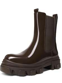 Women's Fashion Waterproof Chelsea Boots Comfy Mid Calf Platform Chunky Boots Slip On Winter Riding Ankle Booties - Brown - View 5