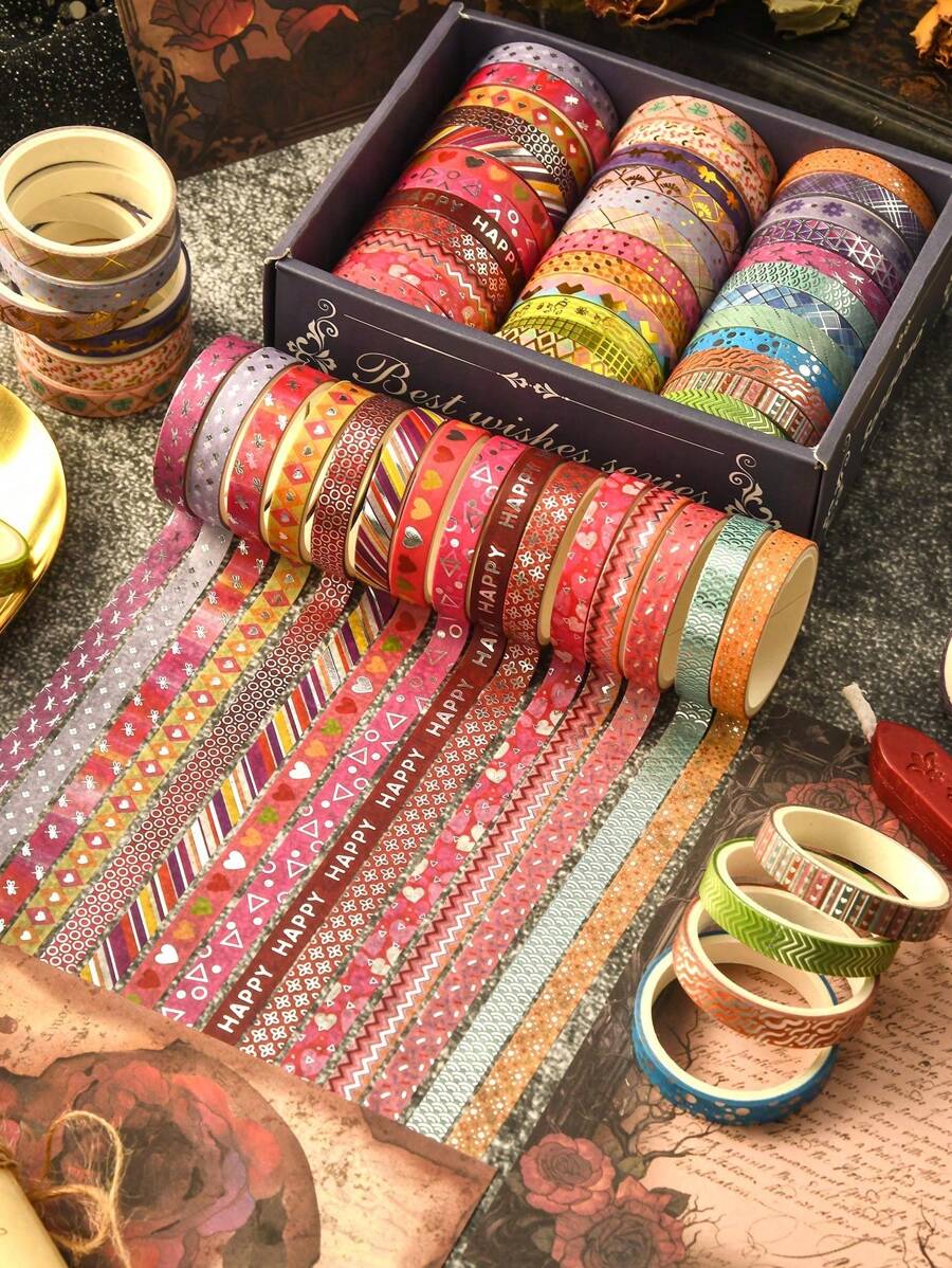 36 Rolls/Box Of Handbook Tape, Bronzing And Silver Stamping Process, Retro Pinstripe Pattern, Heart, Bow And Other Creative Patterns, Handbook Material Landscaping Tape, Gifts For Friends - Multicolor - View 1