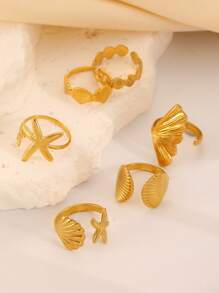 Juego de 6 anillos con diseño de acero inoxidable de la serie oceánica con estrellas de mar, coral y conchas, un diseño versátil y creativo para que las mujeres los usen a diario, adecuado para el verano - Amarillo Oro - Ver 4