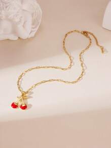 1pc 18K Stainless Steel Oil-Drop Strawberry & Cherry Zirconia Necklace, Elegant Jewelry Accessory For Women, Suitable For Daily Wear And Gatherings