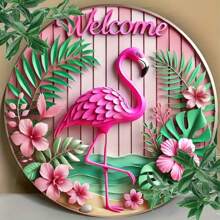 1pc Flamingo Welkomstbord, 8x8 Inch, Unieke Muurkunst, Ijzer Bedrukt, Geschikt Voor Thuis, Café, Bar, Appartement, Restaurant, Woonkamer Decor, Kerstcadeau. Random Hole Ontwerp.