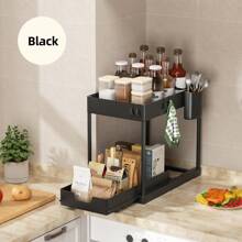 Organizador de fregadero negro con 1 cajón, adecuado para almacenamiento en gabinetes de baño y cocina, cesta de almacenamiento, estantería deslizable multifuncional de plástico ABS, organizador de hogar, se adapta a espacios pequeños