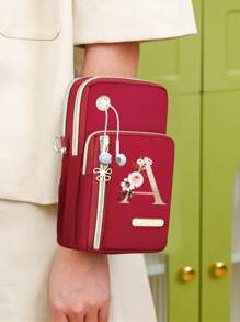 Women's Phone Pouch, Red Mini Crossbody Bag With Gold Floral & Alphabet A-Y Pattern Women's Vertical Coin Purse Sports Arm Sleeve/Running Wrist Pouch Mini Casual Crossbody Phone Bag With Earphone Hole Fashionable For White-Collar, Suitable For University, Work, Business, Commute, Office, Anniversary, Valentine's Day, Birthday, Mother's Day, Teacher's Day, Etc. - Red - View 6