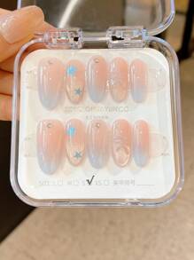 10 件/套手工指甲贴，杏仁形，灰蓝粉色渐变猫眼闪粉，3D 星星和蝴蝶结，优雅外观，适合日常和派对佩戴，适合学生、孕妇，包括凝胶抛光剂