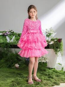 Tween Girls Sequin Trim Layered Hem Cake Party Dress With Long Sleeve - Pink - View 4