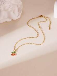 1pc 18K Stainless Steel Oil-Drop Strawberry & Cherry Zirconia Necklace, Elegant Jewelry Accessory For Women, Suitable For Daily Wear And Gatherings