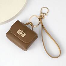 1pc Solid Color PU Leather Earphone Holder Bag With Heart Shaped Mirror Women's Makeup Keychains. Heart Shaped Mirror Decorated Headphone Holder Bag, Multicolor Women's Makeup Bag, Heart & Bag Charm Fashion Keychain Pendant - Pink - View 7