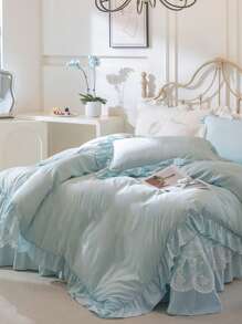 1 Set Of 3 Pieces (1 Duvet Cover + 2 Pillow Shams) Light Blue Ruffle Elegant Soft & Cozy Bedding Set, Suitable For Bedroom, Guest Room