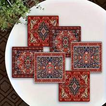 6pcs Set Maroon Wooden Mandala Pattern Coasters, Elegant & Suitable For Living Room, Home & Office Decor, Perfect For Parties And Gift Giving